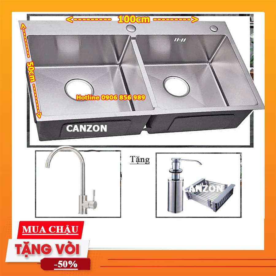 chậu rửa chén 2 ngăn lớn 100 x 50 cm