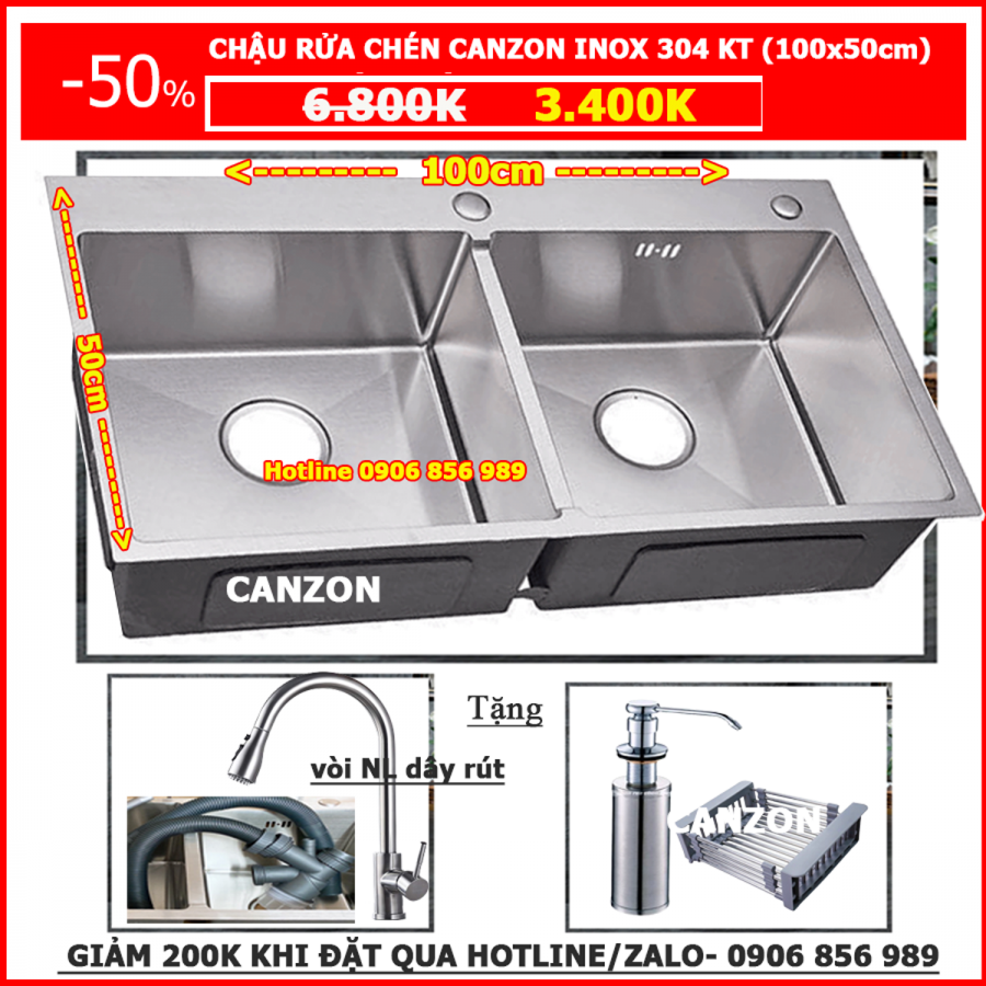 CHẬU RỬA CHÉN INOX 304 CANZON KT 100X50 CM tặng vòi rút bình xà bông 1200x1200