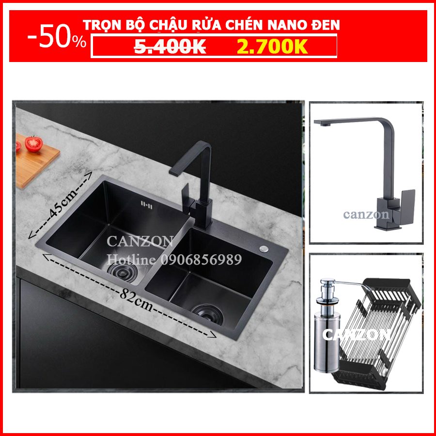 Chậu Bồn rửa chén nano đen 2 ngăn kích thước 82 45 cm
