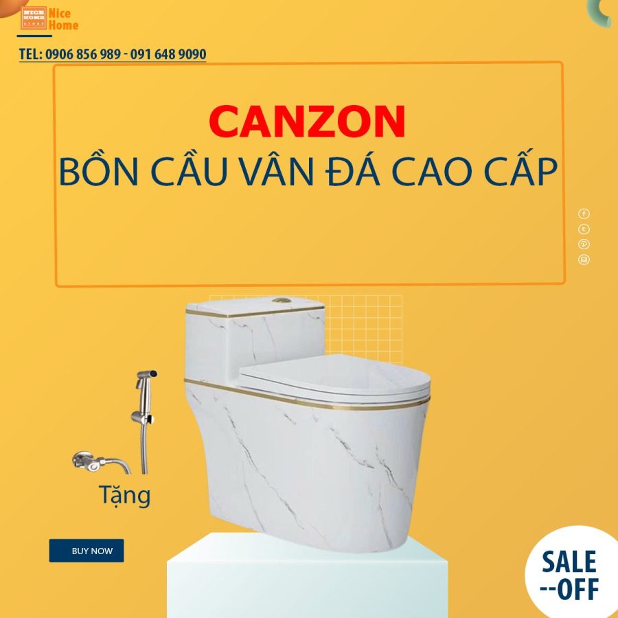 Bồn Cầu Liền Khối Vân Đá Trắng Viền Vàng CANZON 9221