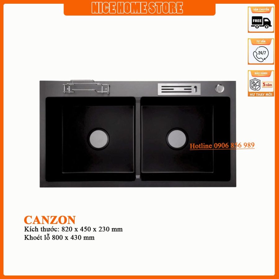 chậu rửa chén nano đen có gác dao thớt canzon CRN-07