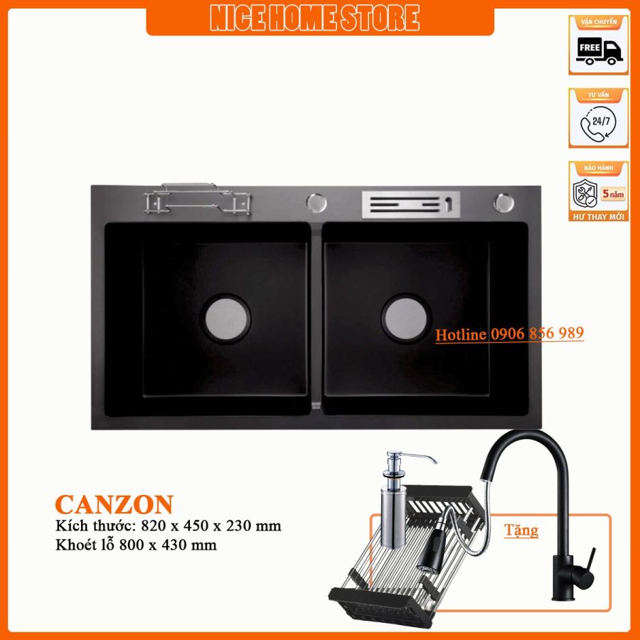 Chậu Rửa Chén Nano Đen Gác Dao KT 82x45cm Canzon CRN-07 Tặng Vòi Nóng Lạnh Dây Rút