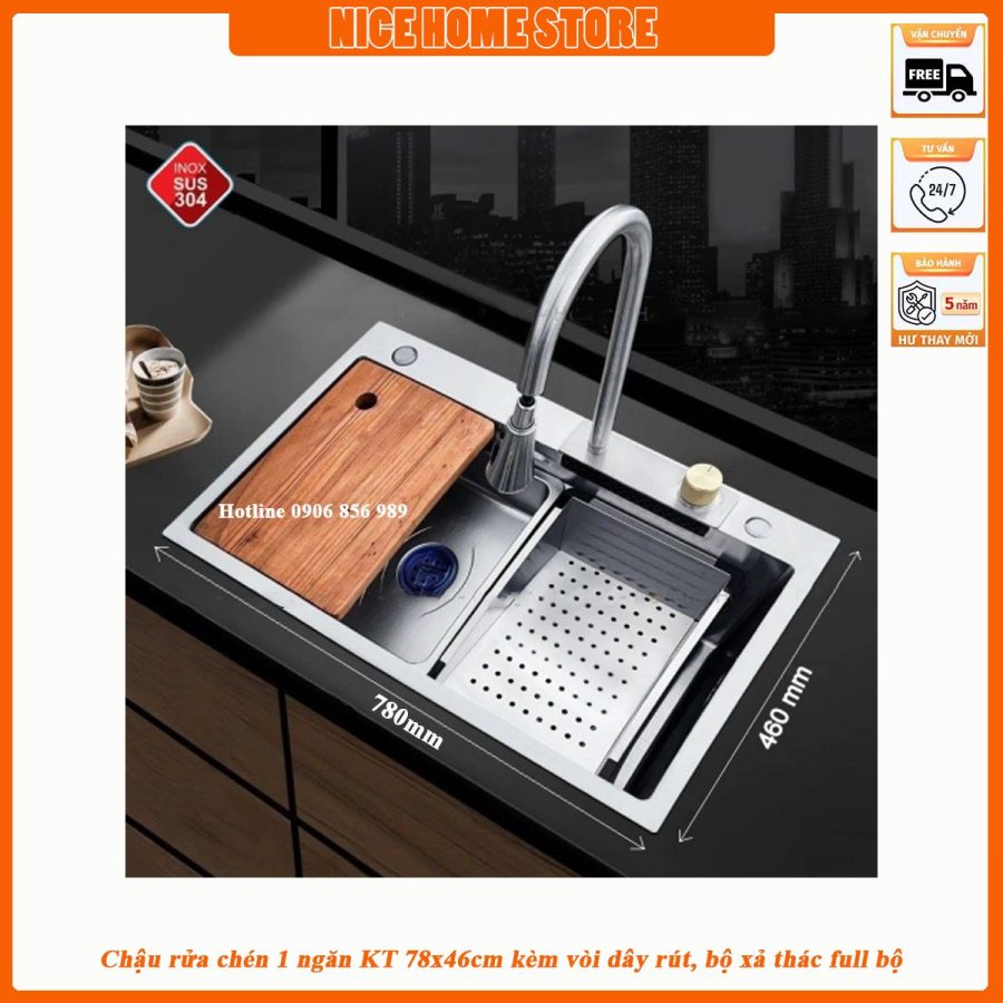 chậu rửa chén 1 ngăn inox 304 KT 78 x 46 cm kèm vòi dây rút và bộ xả thác