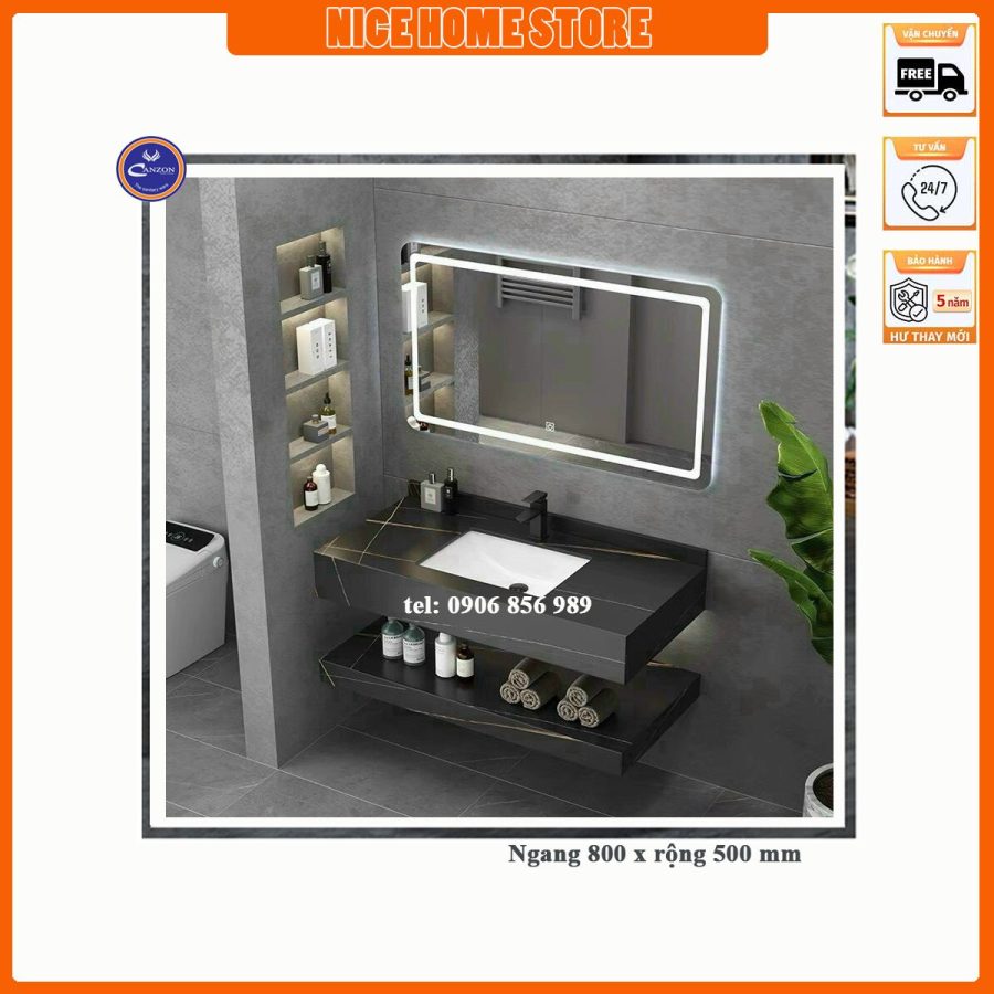 Kệ Lavabo 2 Tầng Đá nhân tạo Màu Trắng 80x50 cm Kèm Gương Led BD2TD