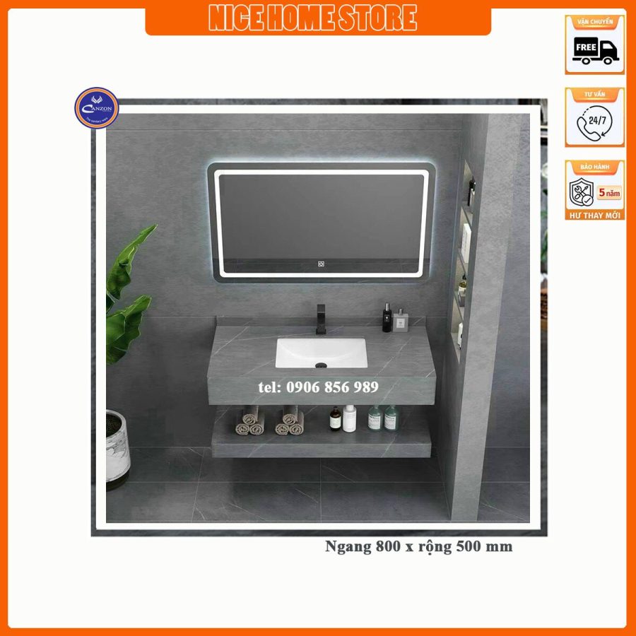 Kệ Lavabo 2 Tầng Đá nhân tạo Màu Trắng 80x50 cm Kèm Gương Led BD2TX