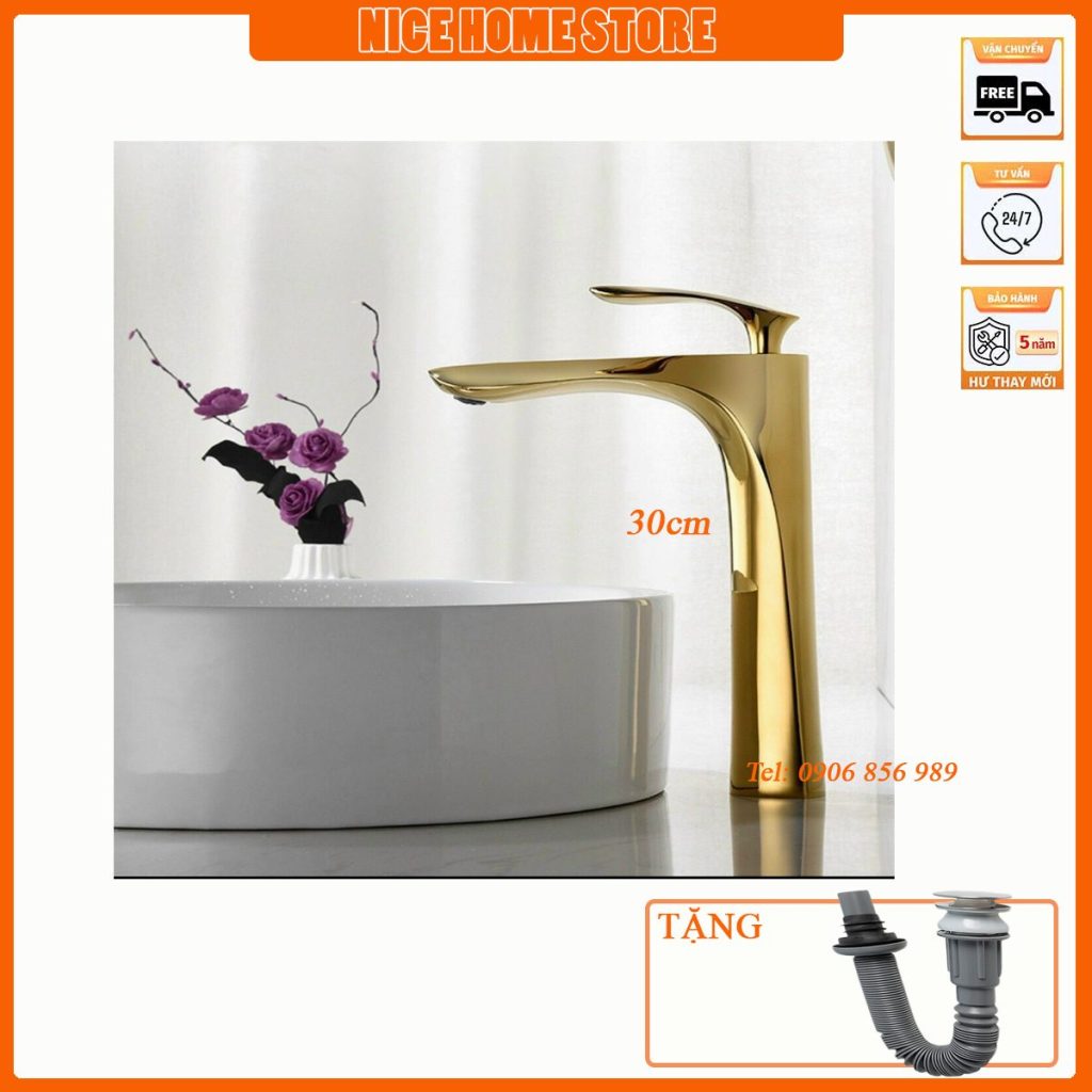 vòi lavabo nóng lạnh màu vàng cao cấp