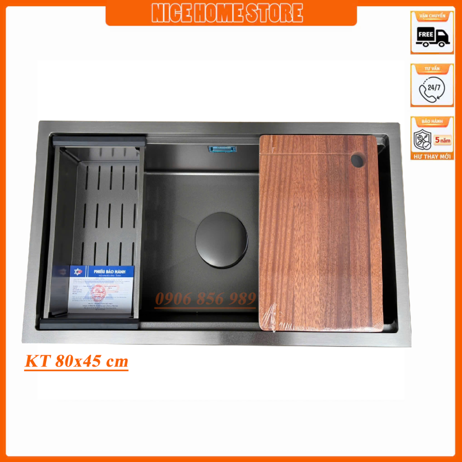 Chậu Rửa chén Lắp Âm Mặt Đá KT 80x45 cm Nano Đen
