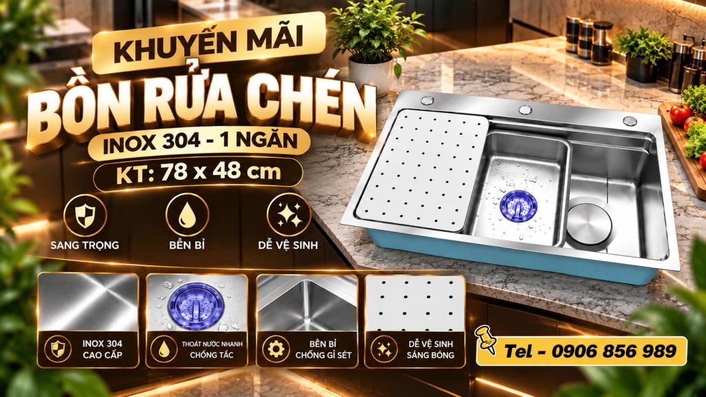 chậu rửa chén 1 ngăn lớn 78x48 cm km